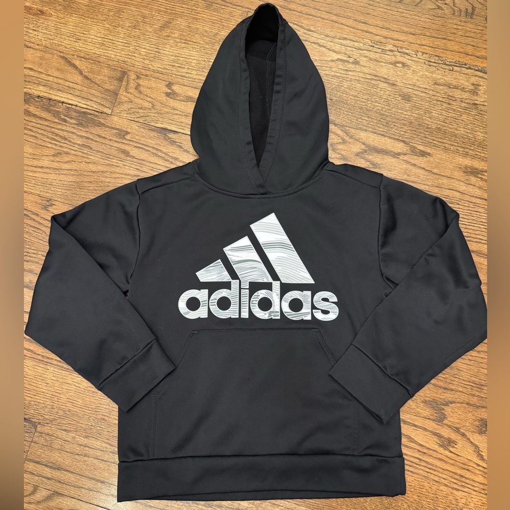Adidas Boys Black Pullover Hoodie Size 8—Fleece-Lined Athletic Logo Sweatshirt